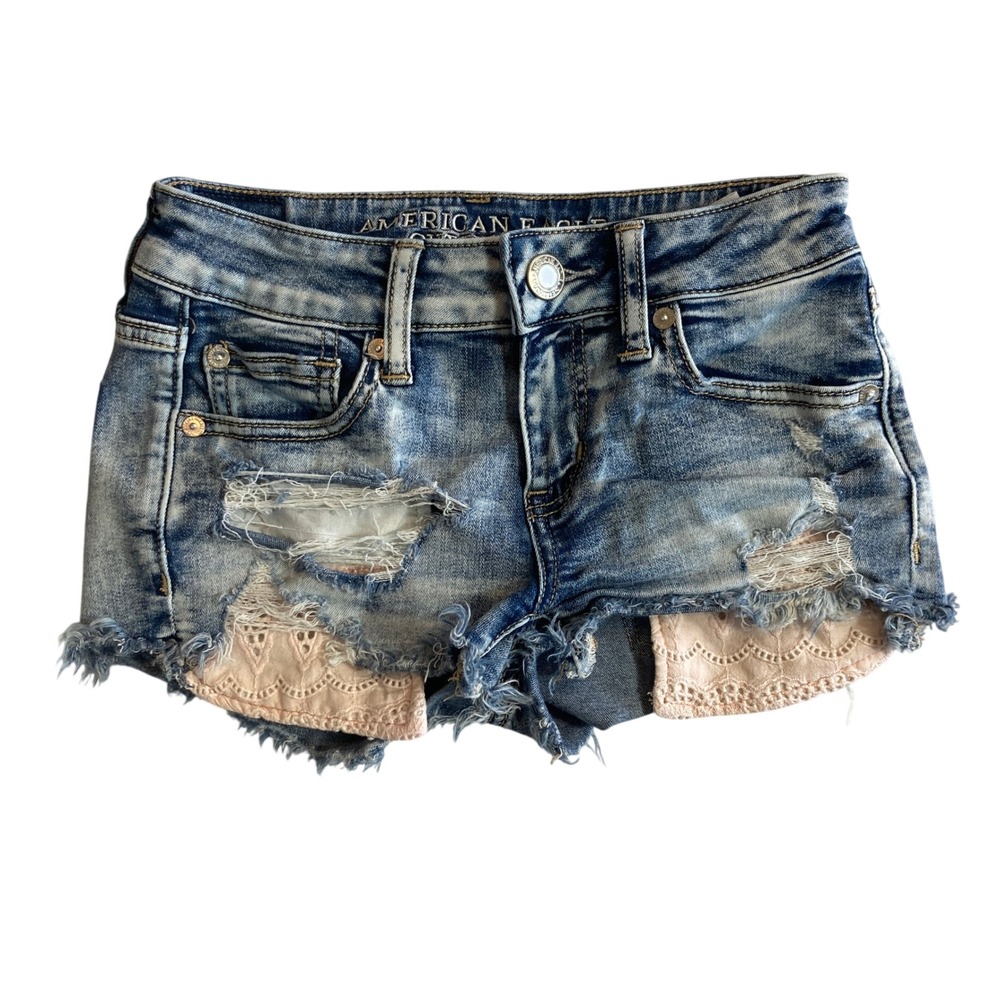American Eagle Size 00 Shortie Distressed Shorts Lace Pocket Raw Hem Acid Wash